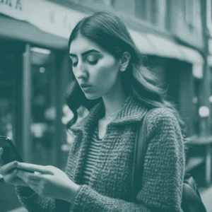 Woman in street viewing smartphone