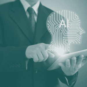 Businessman holding laptop with AI logo