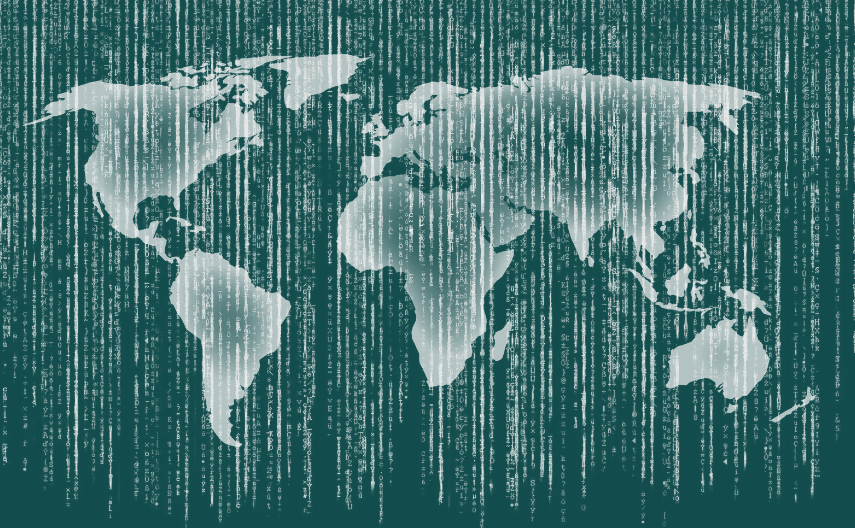 World map overlain with Matrix glyphs
