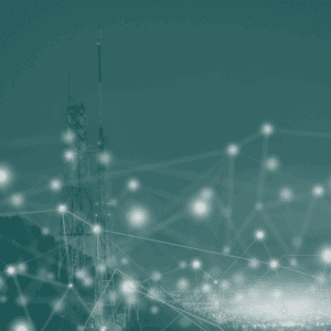 Network graphic imposed on photo of mobile towers