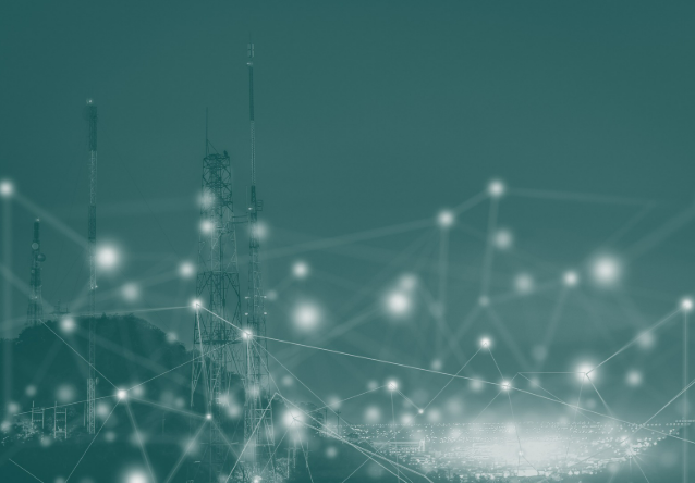 Network graphic imposed on photo of mobile towers